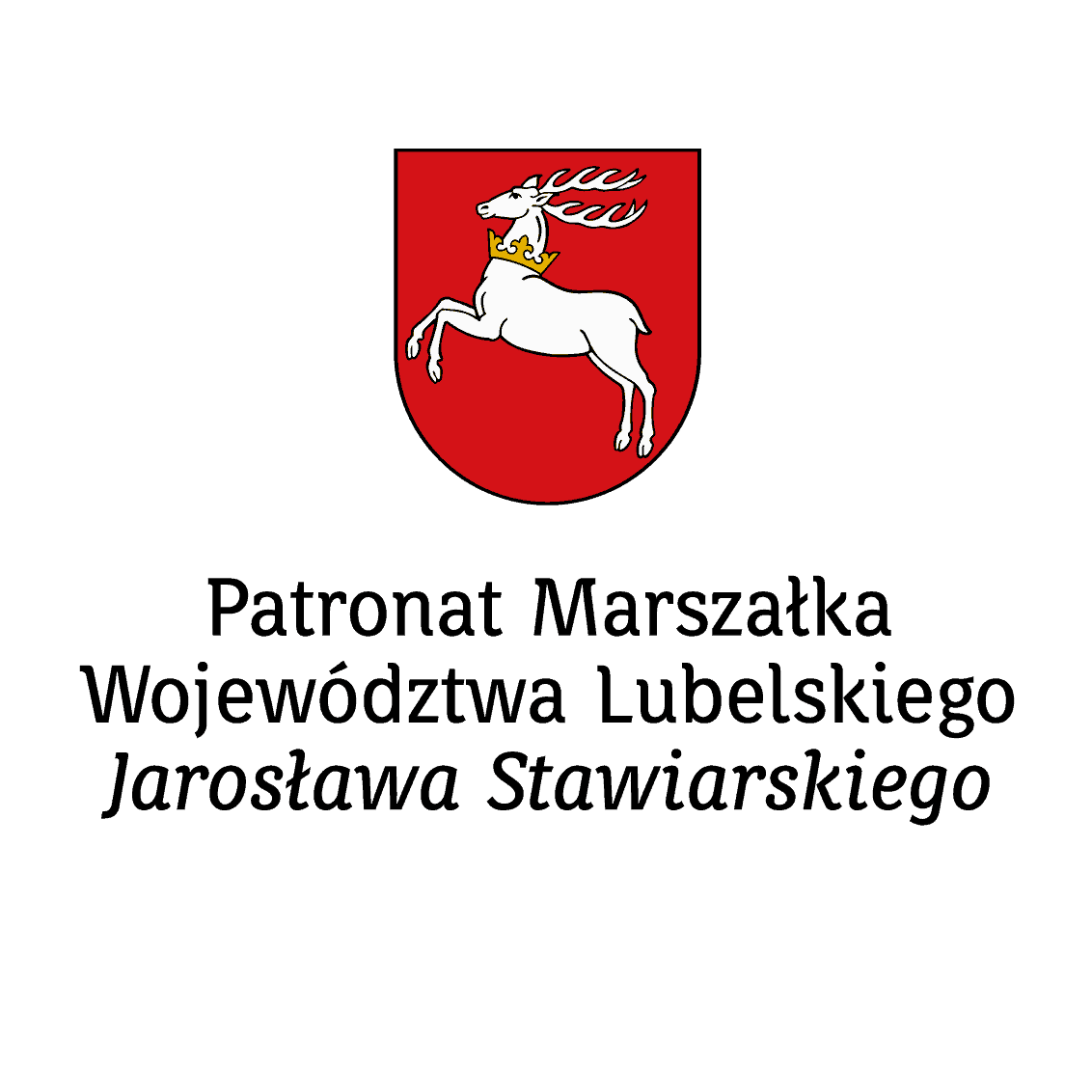 Herb województwa lubelskiego, Polska, przedstawiający białego jelenia na czerwonej tarczy, z polskim tekstem wskazującym na patronat marszałka Jarosława Stawiarskiego.