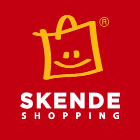 Żółta kontura uśmiechniętej torby na zakupy nad napisem „SKENDE SHOPPING” w kolorze białym, na czerwonym tle.