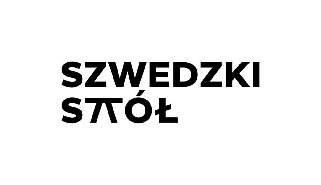 Czarny napis na białym tle brzmi „SZWEDZKI STÓŁ”, przy czym drugie słowo jest odwrócone do góry nogami.