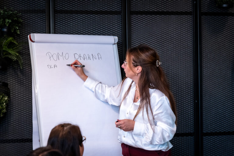 Kobieta pisze „POMO PRAWNA” na tablicy flipchartowej przed niewielką grupą osób.